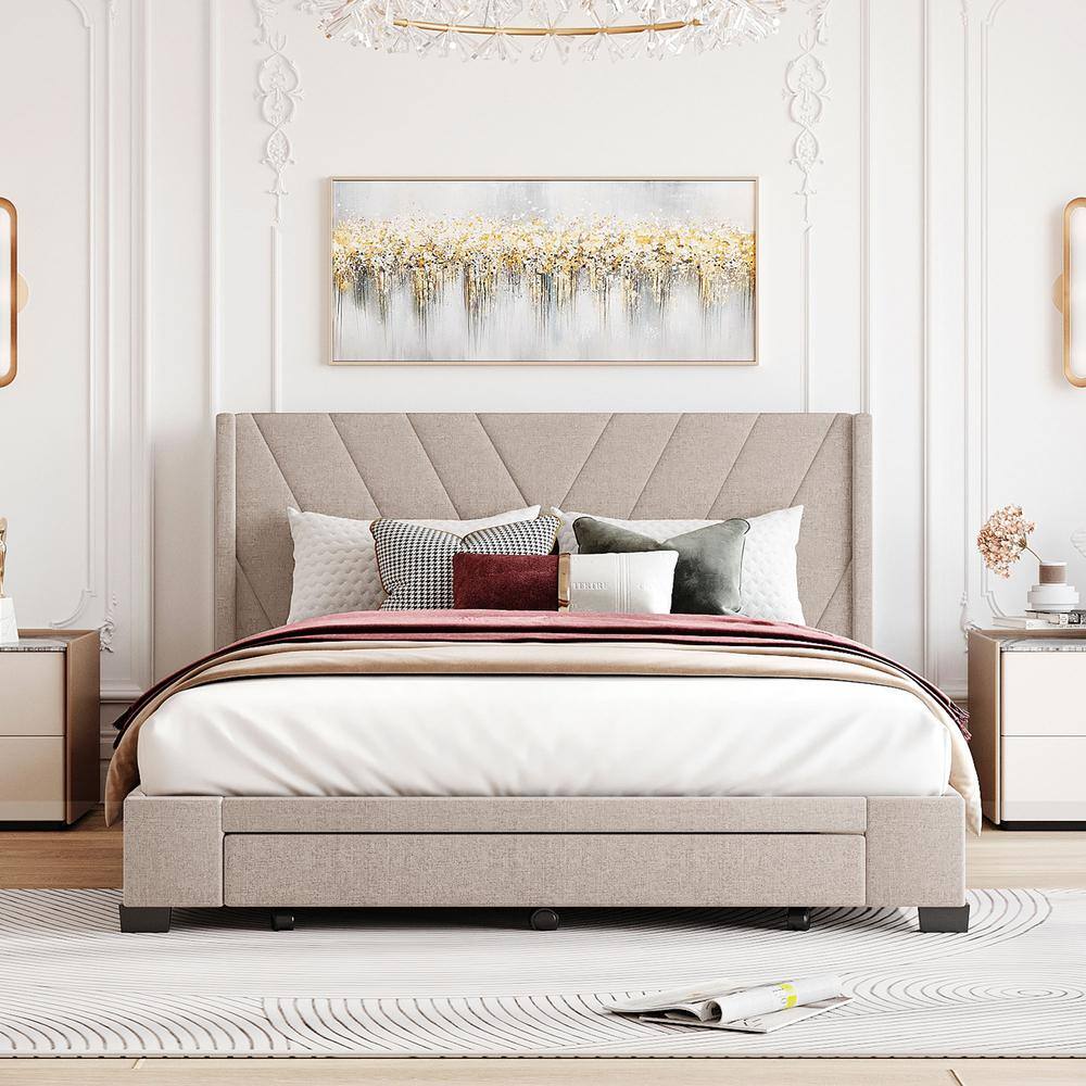 Beige Linen Upholstered Queen Platform Bed with Storage Drawers