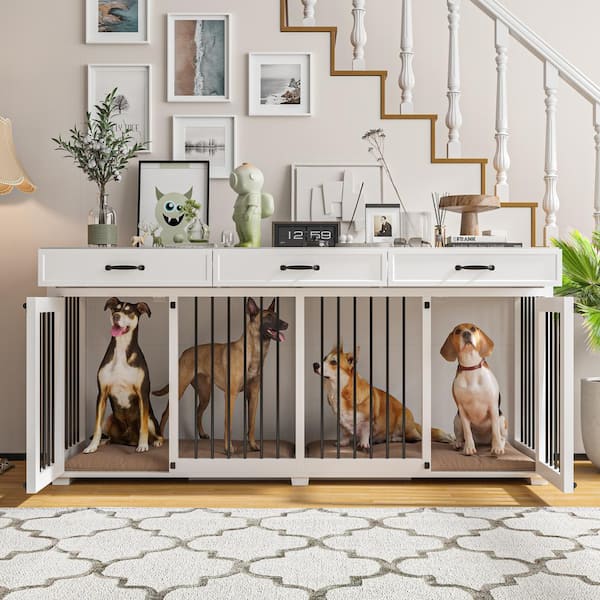 WIAWG Wooden Large Dog Crate Furniture, Upgrade Dog Kennel with 3-Drawers, Double Dog Cage with Removable Irons for 2 Dogs, White