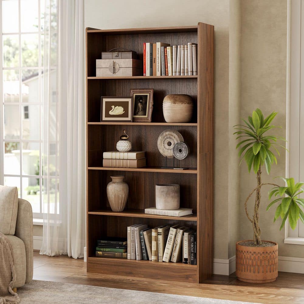 BYBLIGHT Eulas 72 in. Tall Brown Wood 5-Shelf Standard Bookcase