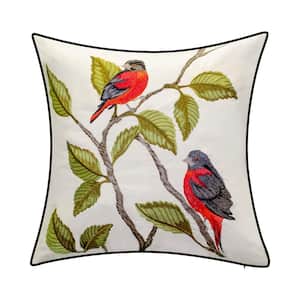 Red Indoor and Outdoor Embroidered Birds 18 in. x 18 in. Decorative Throw Pillow