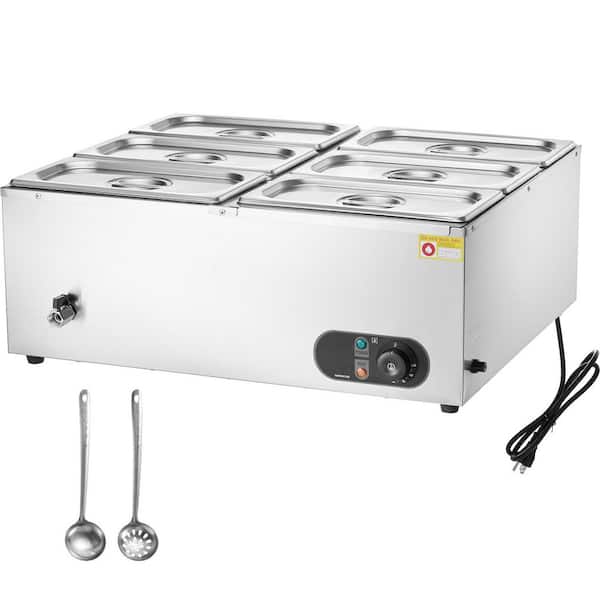 6-Pan Commercial Food Warmer-6 x 5 qt.1500W Electric Steam Table, Stainless Steel Countertop Buffet Bain Marie