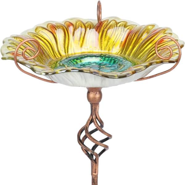 MUMTOP 11.4 in. Glass Bird Baths for Outdoors, Outdoor Bird Bath, Glass Birdbath Sunflower Bird Feeders Bowl with Stake