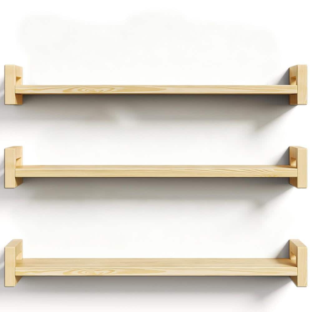 23.6 in. Natural Wood Solid Pine Floating Wall Shelves 3-Pack Heavy-Duty Rustic Decor Shelf for Multi-Room Use price history on PriceWatchPro