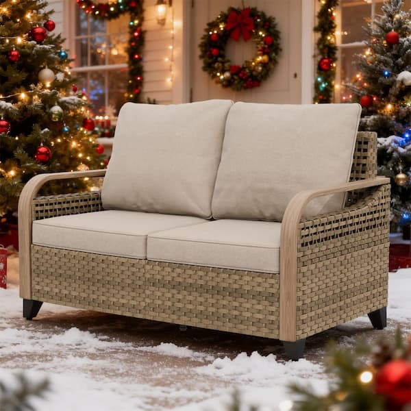 Brown Wicker Outdoor Patio Loveseat with Gray Cushions