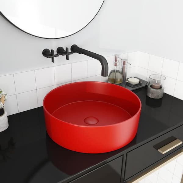 EPOWP 15.7 in. x 15.7 in. Red Ceramic Round Bathroom above Counter Vessel Sink