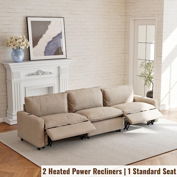 Power Recliner Couch, 116 in. Square Arm 3-Piece Linen Rectangle Modular Sectional Sofa with Adjustable Heating in Khaki