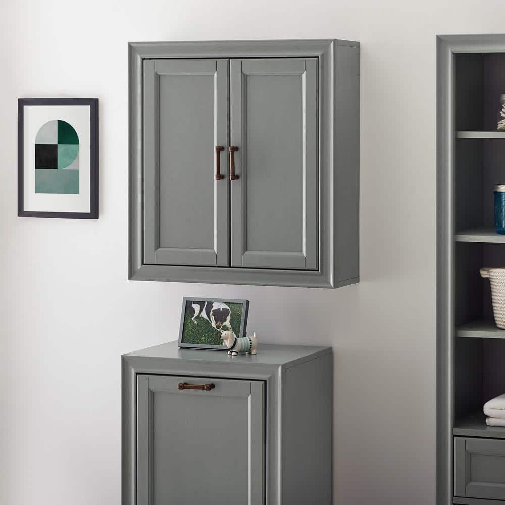 Tara Vintage Gray Pine Wood Wall Cabinet with Antique Bronze Hardware