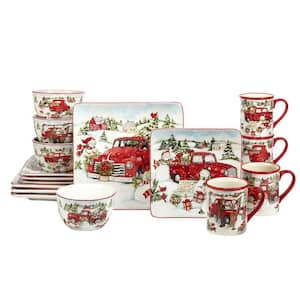 Red Truck Snowman 16-Piece Multi-Colored Earthenware Dinnerware Set Service for 4