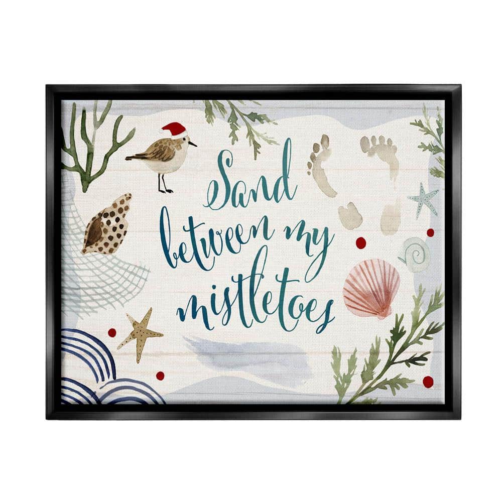 The Stupell Home Decor Collection Sand Between Mistletoe Phrase Beach Christmas by Victoria Barnes Floater Frame Typography Wall Art Print 17 in. x 21 in., Beige -  ac392_ffb_16x20