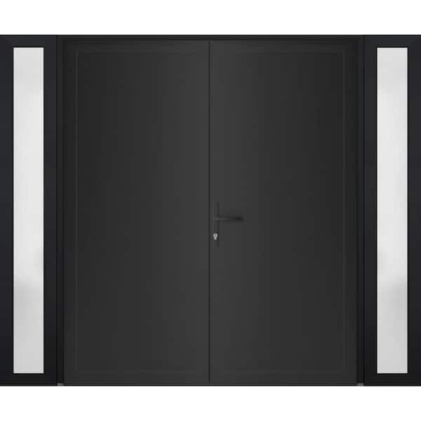 VDOMDOORS 16+72+ 16 in. x 80 in. Right-hand/Inswing Frosted Glass Matte Black Steel Prehung Front Door with Hardware