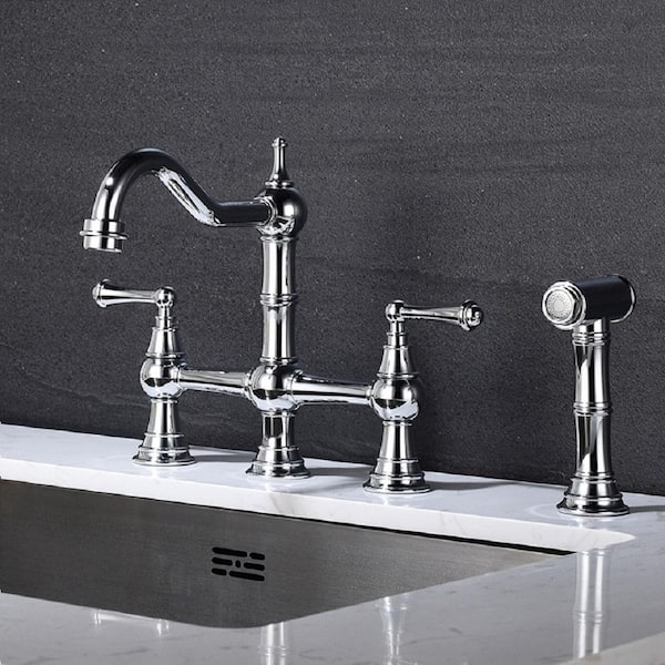 Double Handle Bridge Kitchen Faucet With Side Sprayer In Brushed Chrome   Chrome Bridge Kitchen Faucets Ybx 7006cp 64 600 