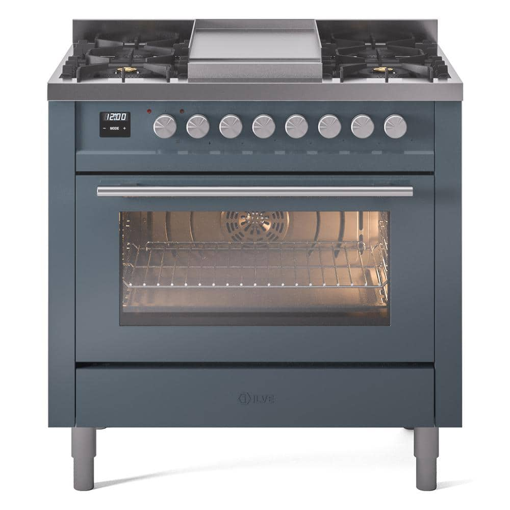 Professional Plus II 36 in. 6 Burner Plus Griddle Freestanding Double Oven Dual Fuel Range in Blue Grey -  ILVE, UP36FWMPBG