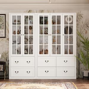 78.7 in. Tall White Wood 12-Shelf Combination Standard Bookcase Storage Cabinet with Tempered Glass Doors and 6-Drawers