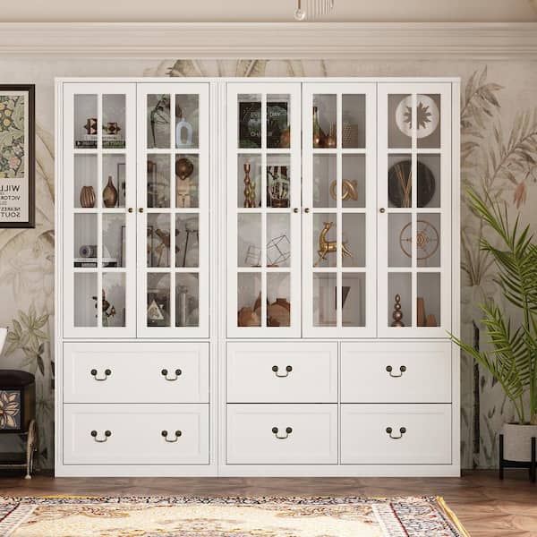 78.7 in. Tall White Wood 12-Shelf Combination Standard Bookcase Storage Cabinet with Tempered Glass Doors and 6-Drawers
