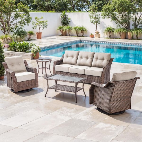 Artisan Brown 5-Piece Wicker Patio Conversation Set with 3-Seat Sofa, Swivel Rockers, and Olefin Beige Cushions