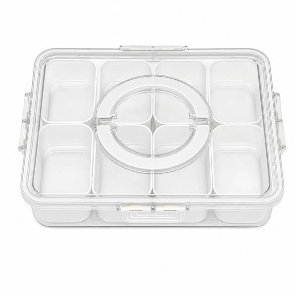 2-Pack Clear PET Plastic Divided Snackle Box Containers with Handles and Lids, 8 Compartments, 4 Liters