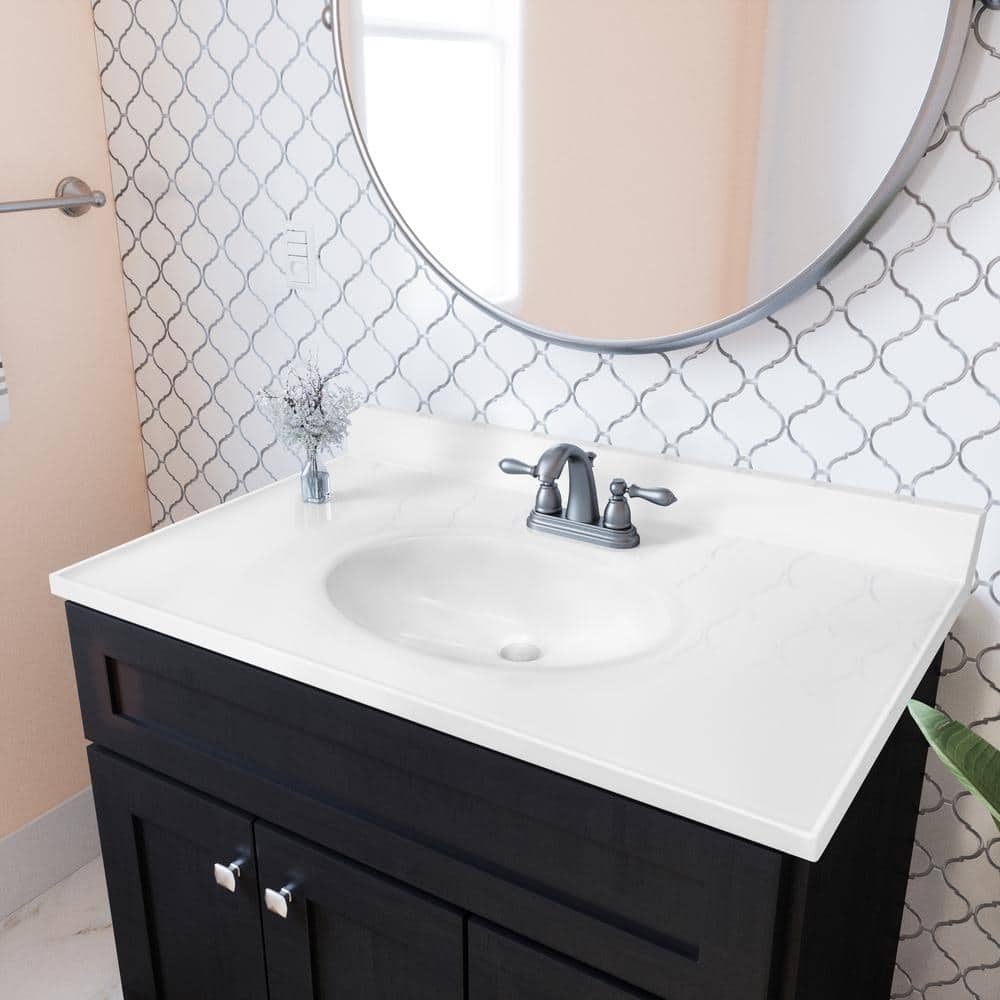 Solid White Cultured Marble Vanity Top with Backsplash, 37x19