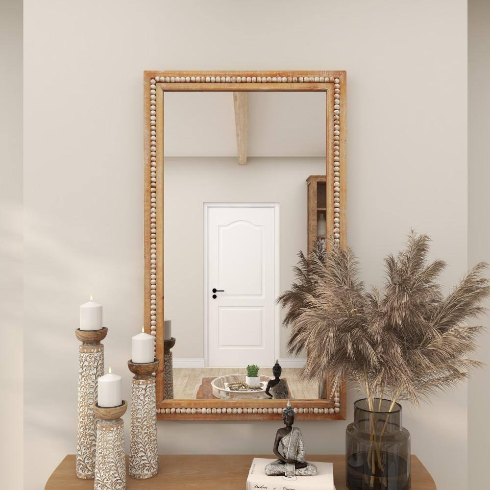Light Brown Bohemian Wood Rectangular Wall Mirror with Beaded Detail