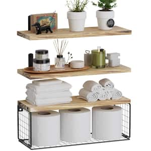 16.5 in. W x 6 in. D Light Brown Wood Floating Bathroom Shelves Wall Mounted with Wire Basket Decorative Wall Shelf