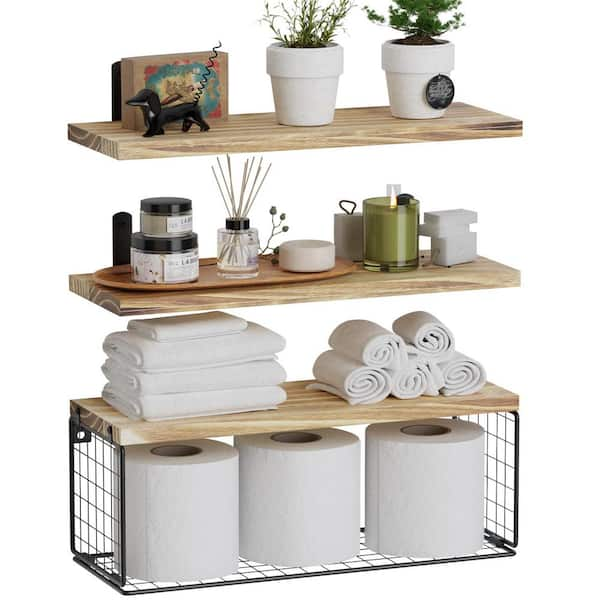 16.5 in. W x 6 in. D Light Brown Wood Floating Bathroom Shelves Wall ...