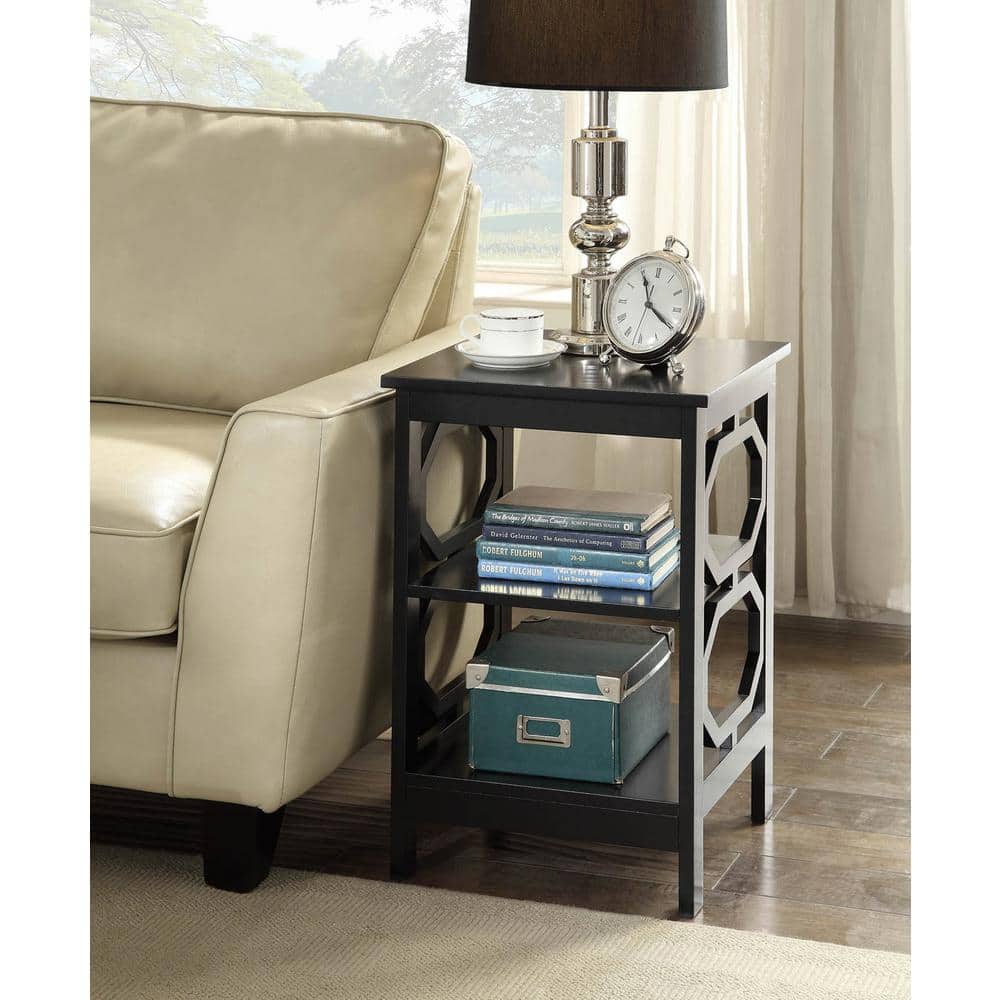 Omega Black Wood Round End Table with Geometric Shelves