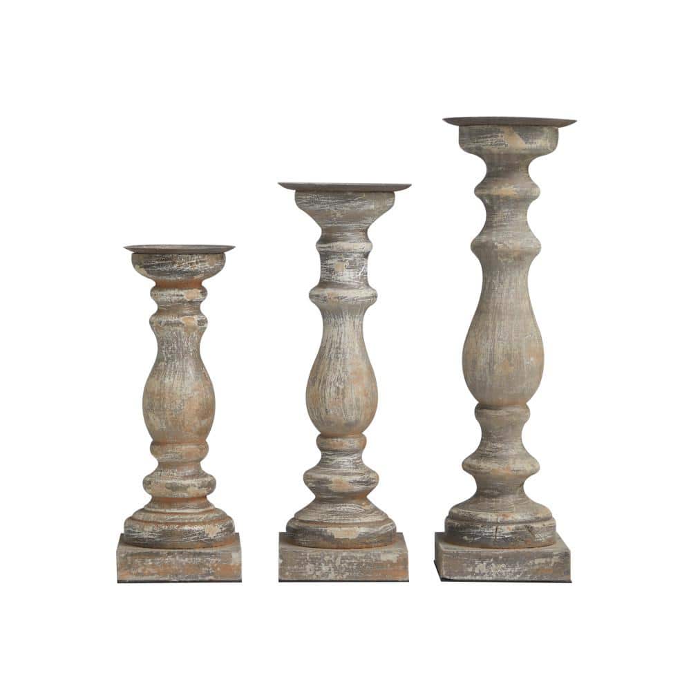 Elegant Rustic Brown Wooden Candlestick Trio, 15" Height