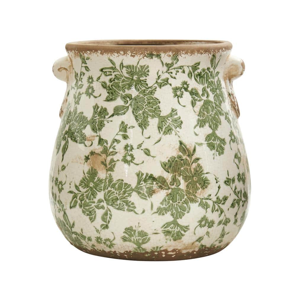 Nearly Natural 10 in. Tuscan Ceramic Green Scroll Planter 0186-LG-S1