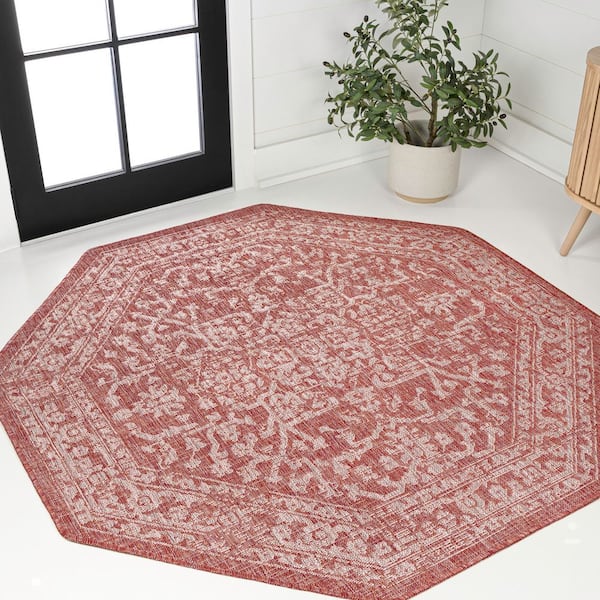 Malta Bohemian Medallion Textured Weave Red/Taupe 5 ft. Octagon Indoor/Outdoor Area Rug