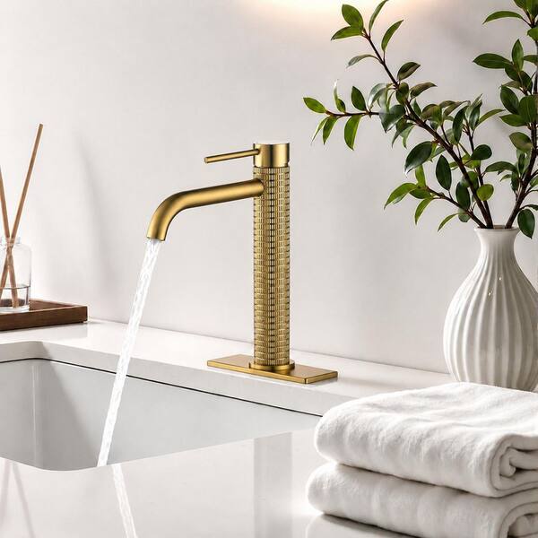 Single Handle High-Arc Single Hole Bathroom Faucet Adjustable Water Flow and Temp Rust-Resistant in Brushed Gold