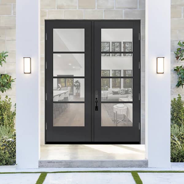 Legacy 72 in. x 96 in. Icon 4L Modern Clear Glass Black LHOS Fiberglass Double Prehung Front Door with 6-9/16 in. Jamb