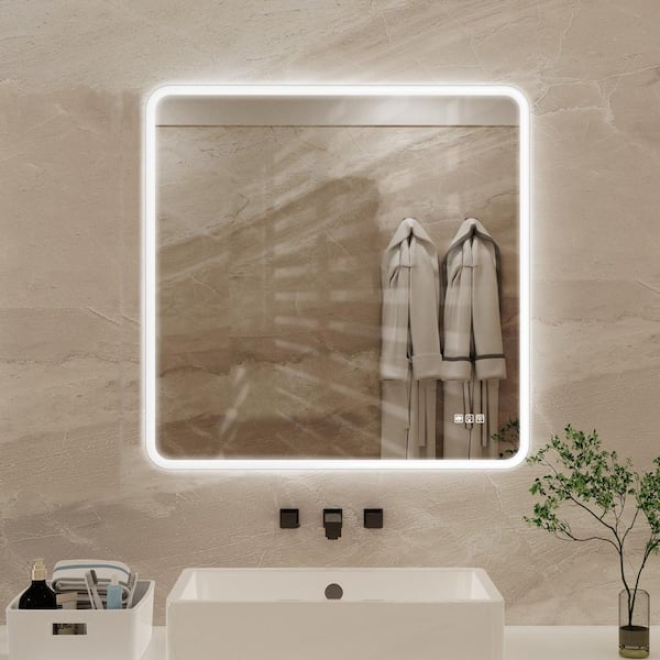 WELLFOR 36 in. W x 36 in. H Square Framed Dimmable Anti-Fog LED Wall Bathroom Vanity Mirror in Matte White, Lighted Mirror