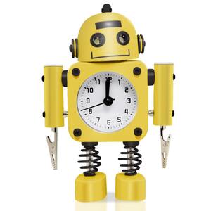 Yellow Non-Ticking Robot Alarm Clock Stainless Metal - Wake-up Clock with Flashing Eye Lights and Hand Clip