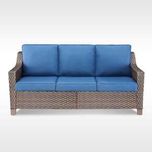 SlideArm Metal and Brown Wicker Outdoor 3-Seat Sectional Couch Sofa with Olefin Navy Blue Cushions