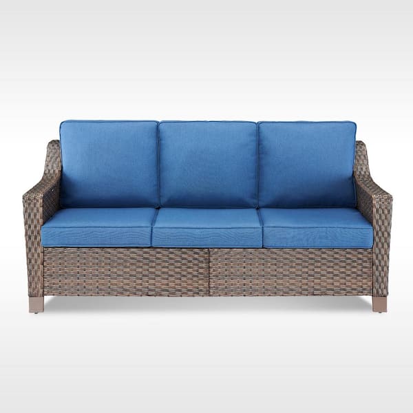 Opohoro SlideArm Metal and Brown Wicker Outdoor 3-Seat Sectional Couch Sofa with Olefin Navy Blue Cushions