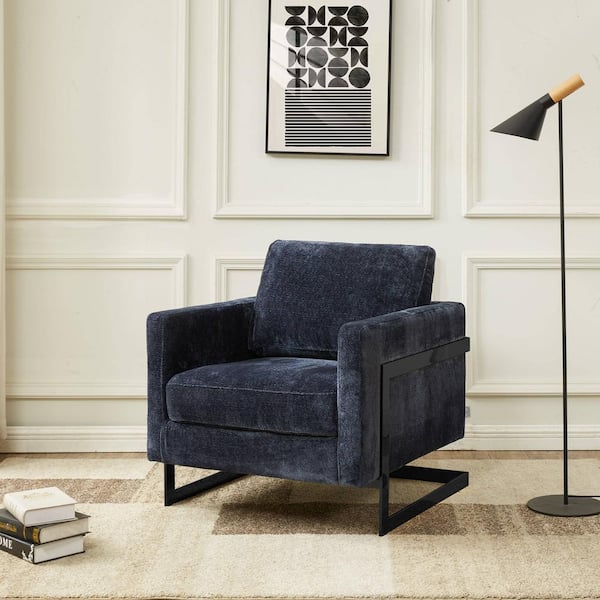 Leisuremod Modern Geometric Accent Chair Upholstered Boucle Side Armchair with Black Stainless-Steel Base Lincoln Series in Blue