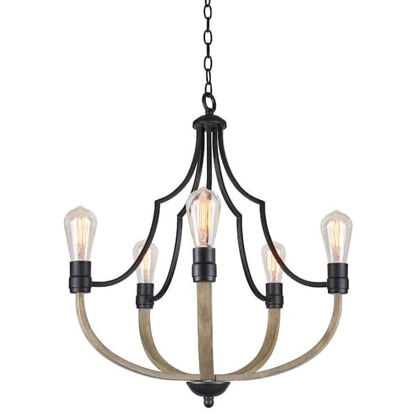 Kira Home Sherwood 60-Watt 5-Light Black Farmhouse Chandelier, No Bulb Included