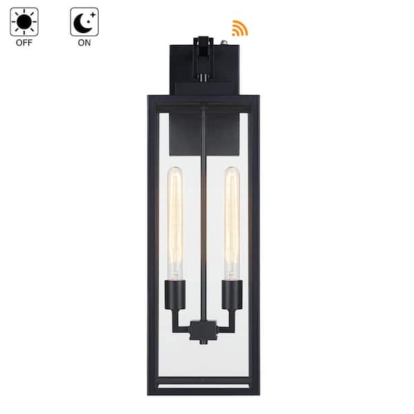 Bonanza 27 in. H 2-Light Matte Black Hardwired Outdoor Wall Lantern Sconce with Dusk to Dawn