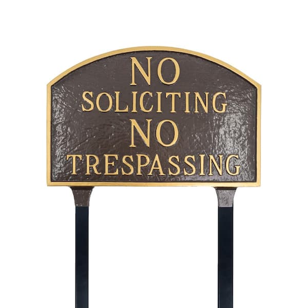 No Soliciting, No Trespassing Arch Large Statement Plaque with 23 in. Lawn Stakes - Oil Rubbed/Gold