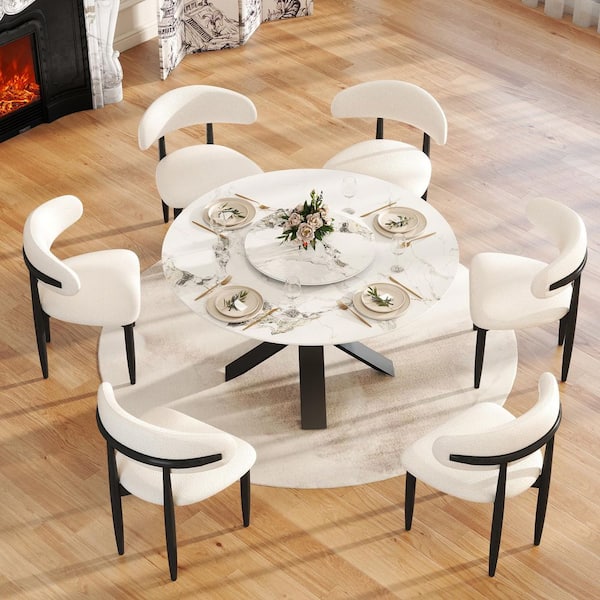 Modern 53.1 in. Ink Rotable Lazy Susan Round Sintered Stone Tabletop with Black Pedestal Base Dining Table (Seats 6)