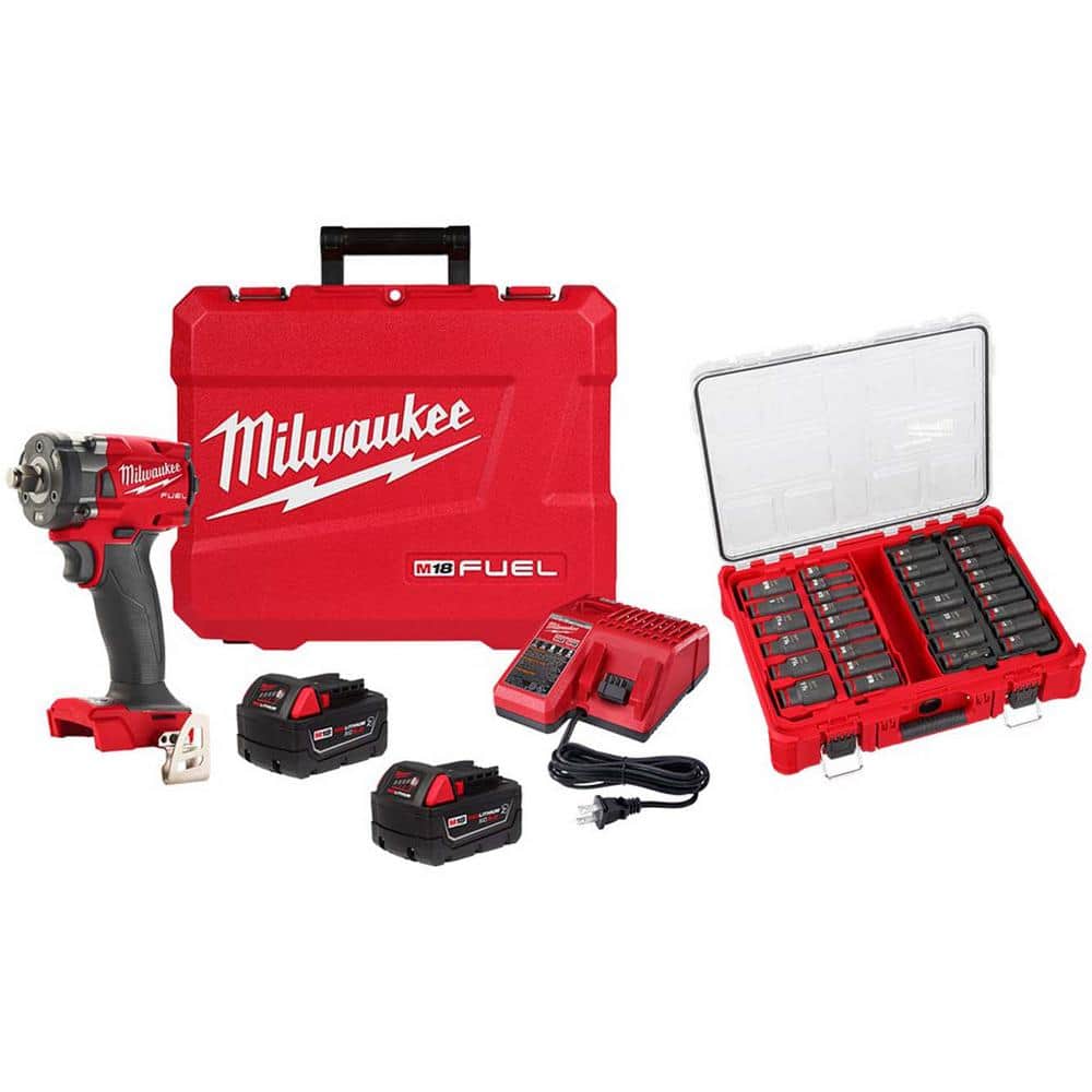 Milwaukee M18 FUEL 18V Lithium-Ion Brushless Cordless 1/2 in. Compact Impact  Wrench FR Kit w/PO SAE Metric Socket Set (31-Piece) 2855-22R-49-66-6806  The Home Depot