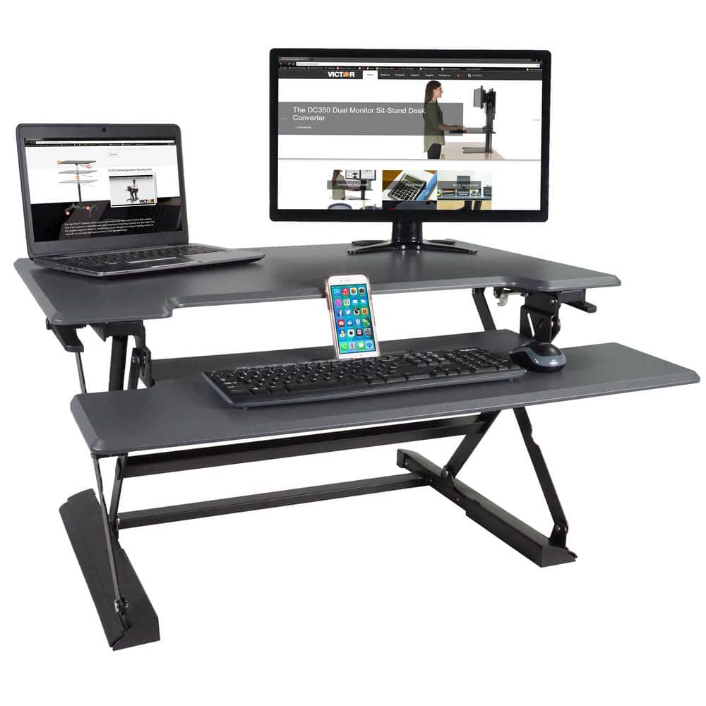 Gray Adjustable Height Standing Desk Converter with Keyboard Tray