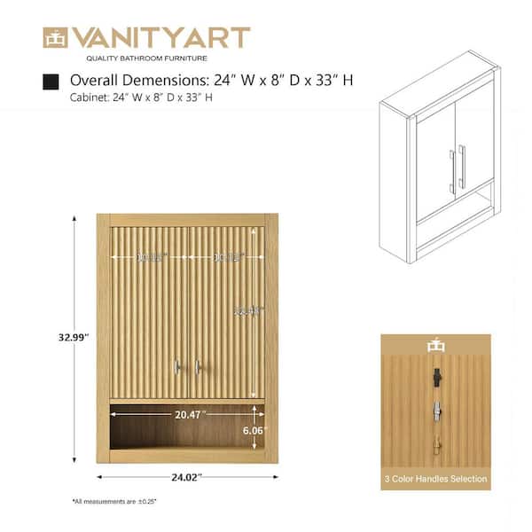 Vanity Art 24 in. W x 8 in. D x 33 in. H Bathroom Storage Wall Cabinet in Natural Oak/GB