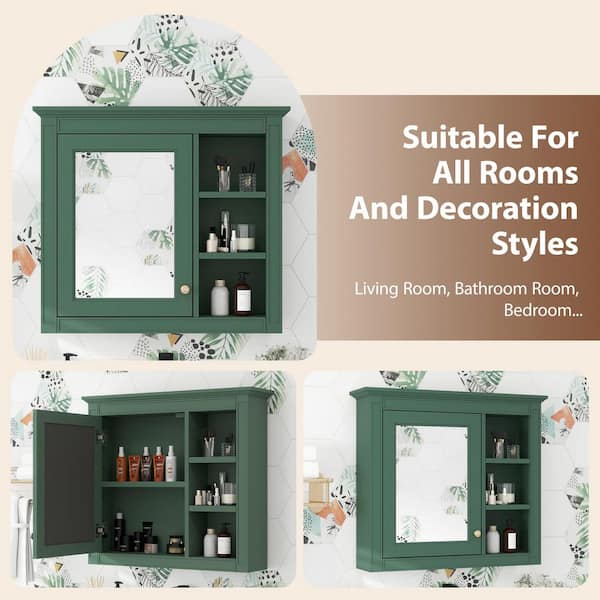 EEN ANDRO TAKIANG INC 30 in. W x 28 in. H Rectangular Medicine Cabinet with Mirror, Wall Mounted Bathroom Storage Cabinet w/ 3 Shelves, Green
