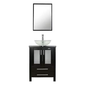 24 in. W x 20 in. D x 32 in. H Single Sink Bath Vanity in Black with Clear Vessel Sink Top Chrome Faucet and Mirror