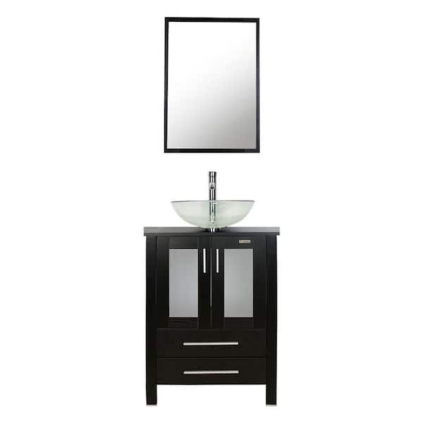 eclife 24 in. W x 20 in. D x 32 in. H Single Sink Bath Vanity in Black with Clear Vessel Sink Top Chrome Faucet and Mirror