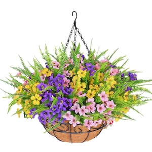 Artificial Plastic Hanging Baskets with Flowers for Outdoors Garden, Spring Decor for Patio Porch, Purple+Pink+Yellow