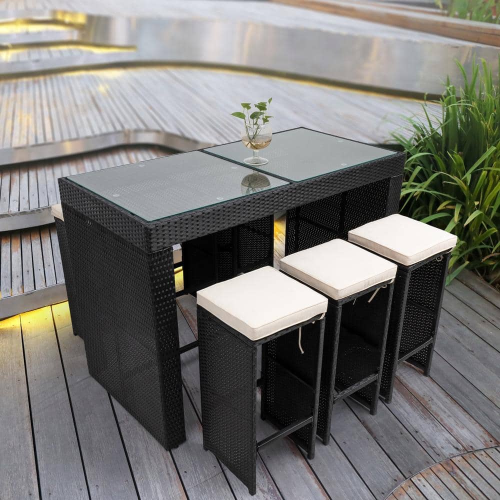 Black 7-Piece Wicker Rectangular Bar Height Outdoor Dining Set with Beige C