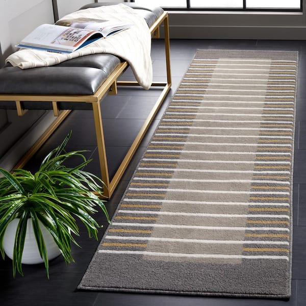 Pyramid 2 ft. x 8 ft. Gray/Ivory Gold Border Striped Solid Runner Rug