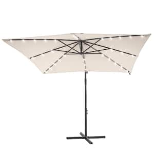 8.2 ft. Square Outdoor Cantilever Solar 32-LED Lights Patio Umbrella Hanging Lighted Umbrella in Beige