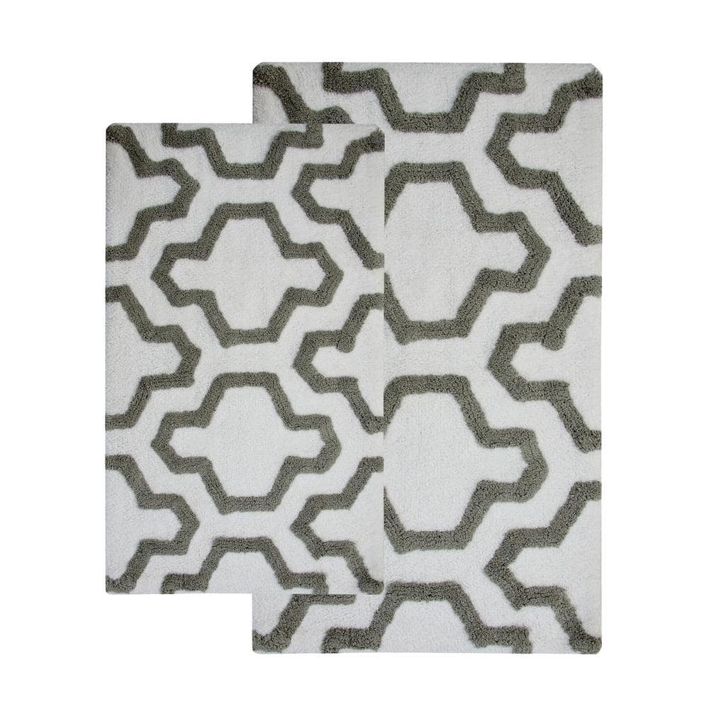 White and Gray Cotton Geometric Bath Rug Set